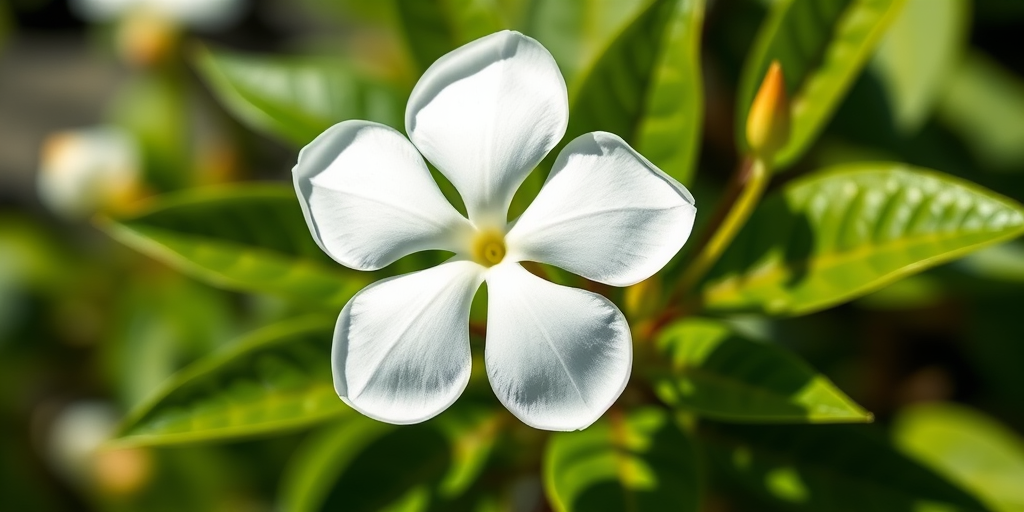 Regenerate an illustration of a white flower with five petals and green leaves, taken with a DSLR camera, 50mm lens, f/2.8 aperture, ISO 100, 1/200s shutter speed, in bright, natural light to enhance clarity and color vibrancy.