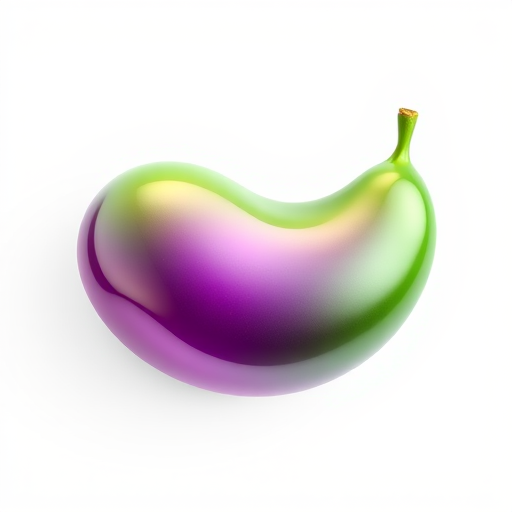 Create a highly detailed digital illustration of a glossy green and purple bean shape, with vibrant colors and smooth gradients, using a Canon EOS R5 camera with an 85mm f/1.4 lens, shot at aperture f/4 for sharp focus on the bean, with soft diffused lighting and a clean white background for contrast.