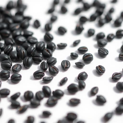 macro shot of black seeds on a white background, f/2.8 aperture, 100mm lens, ISO 100, natural sunlight, taken with a DSLR camera