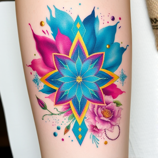 Vibrant watercolor splash tattoo "Chromatic Cascade" featuring swirling hues of teal, magenta, and gold, blending seamlessly into intricate geometric patterns and delicate floral elements