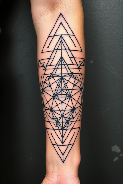 Intricate geometric blackwork tattoo covering the forearm, showcasing interconnected triangles and hexagons forming a mesmerizing optical illusion pattern with precise line work and negative space