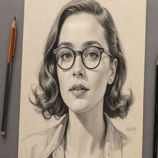 Appealing Elliot Page, pencil sketch, portrait of Sublime woman 1938s in glasses, hair style beatnik, outline, clear lines, fine lines, 8k