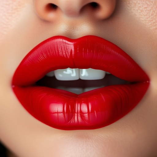 Stunning close-up of glossy ruby red lips with a subtle ombre effect, showcasing plump and hydrated appearance, reflecting light beautifully in high resolution