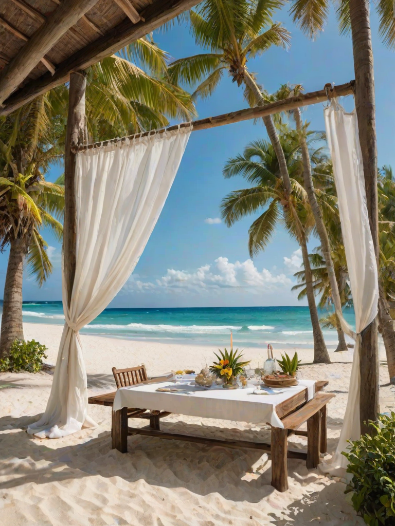 Create a picturesque tropical beach scene featuring a serene, white sandy shore. In the foreground, there's a rustic wooden canopy with white drapes gently flowing in the breeze. Underneath the canopy, a table is set with tropical decor, evoking a sense of relaxation and leisure. The beach extends into a calm, shallow water area with reflections of the sky and surroundings. Palm trees and lush greenery line the edge of the beach, providing a natural, tropical backdrop. The sky is clear with a few scattered clouds, and the overall atmosphere is tranquil and inviting, perfect for a peaceful retreat.