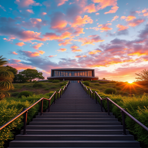 Create a digital painting of a grand staircase leading to a modern architectural building on a hillside during sunset, with vibrant colors in the sky and lush greenery on either side, captured with a Canon EOS R5 at f/8, ISO 100, 24mm focal length, in a wide-angle view to enhance depth and detail.