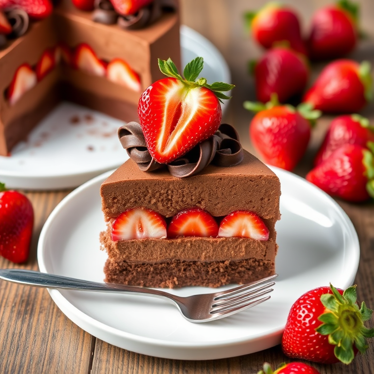 A delicious slice of chocolate mousse cake layered with fresh strawberries topped with chocolate curls and a whole strawberry on top served on a white plate with a fork beside it. The background features a whole cake and some additional strawberries.