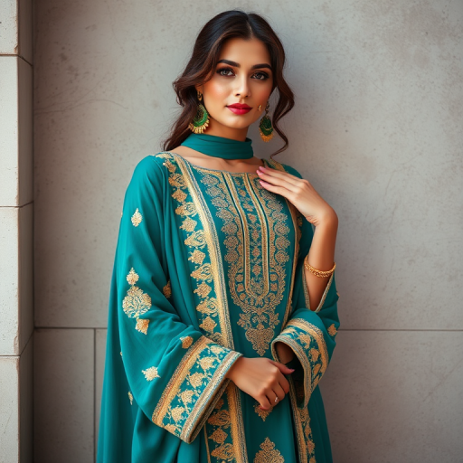 A woman wearing an elegant teal ethnic outfit with intricate gold embroidery, posing gracefully against a textured wall, natural light, 50mm lens, aperture f/1.8, soft focus background, DSLR camera.