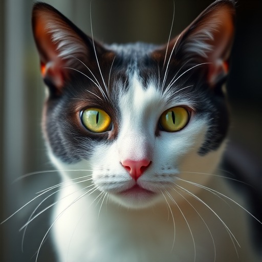 a portrait of a black and white cat with striking green eyes, shot in natural light using a DSLR camera, 50mm lens, aperture f/1.8, ISO 200, shallow depth of field, vibrant colors, focus on the eyes, slightly blurred background