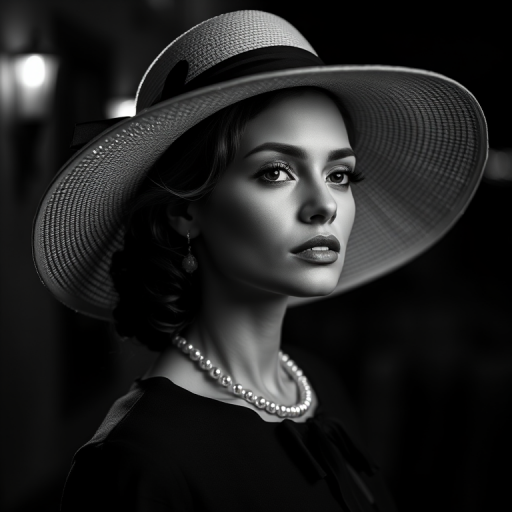 portrait of a woman in a wide-brimmed hat and elegant attire, dramatic lighting with strong contrasts in black and white, 85mm lens, f/1.8 aperture, ISO 100, soft focus background, shot in RAW format with a digital full-frame camera