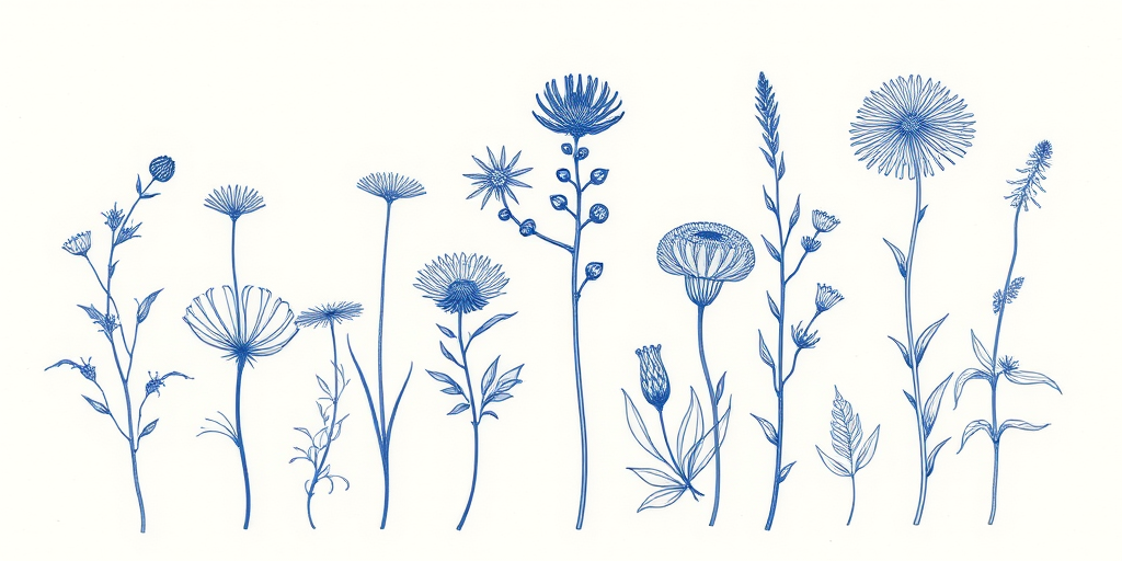 Fine line tattoo named "Botanical Blueprint" showcasing highly detailed scientific illustrations of various plant species in a delicate monochrome blue ink