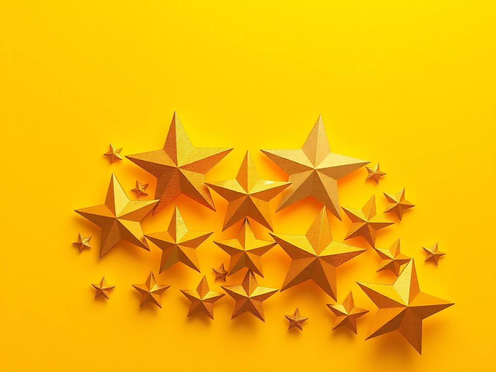 Create a vibrant illustration of golden stars in various sizes against a bright yellow background, using a Canon EOS R5 camera, 50mm lens, f/1.8 aperture, ISO 100, and shooting at a shallow depth of field to enhance clarity and contrast.
