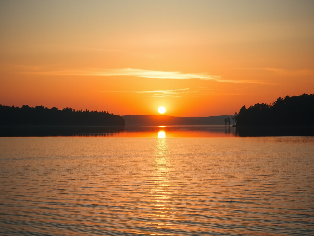 Create a high-resolution image of a serene sunset over a calm lake, using a Canon EOS R5, with a 24mm f/1.4 lens, aperture set to f/8, ISO 100, shot in landscape orientation, with soft golden lighting and smooth water reflections.