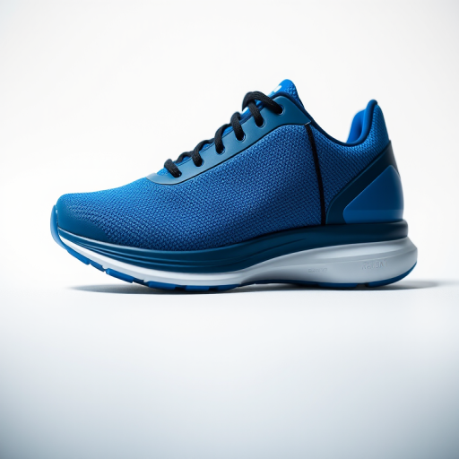 Create a photorealistic image of a sleek blue athletic shoe with black laces, captured in a well-lit studio setting with a Canon EOS R5 camera, 50mm lens, f/1.8 aperture, ISO 100, and a shallow depth of field to accentuate the shoe's details and textures.