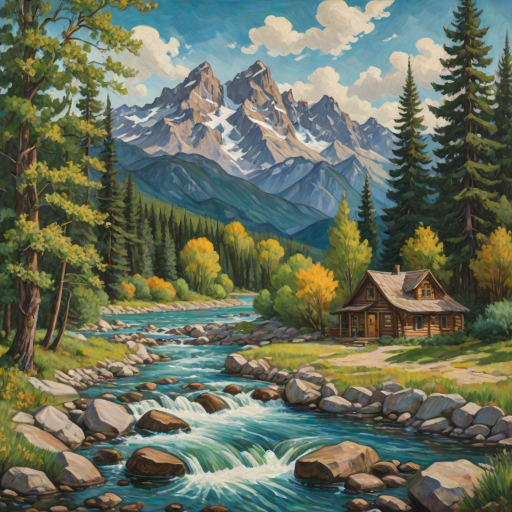 This Van Gogh-inspired painting depicts a peaceful scene of a small cabin located near a flowing river. The scene is surrounded by lush vegetation, including tall trees and rocky terrain. In the background, majestic mountains rise under a sky filled with rolling clouds. The river gently cascades over the rocks, adding a sense of movement and tranquility to the scene. The use of vibrant colors and detailed brushstrokes create a sense of depth and harmony in the natural setting.