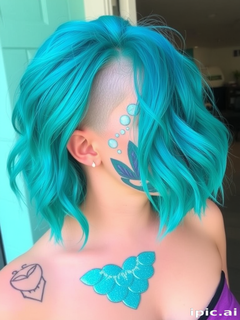 Playful turquoise bob cut called "Mermaid's Mischief" boasts choppy layers and beachy waves, accented with shimmering scales painted onto the undercut design