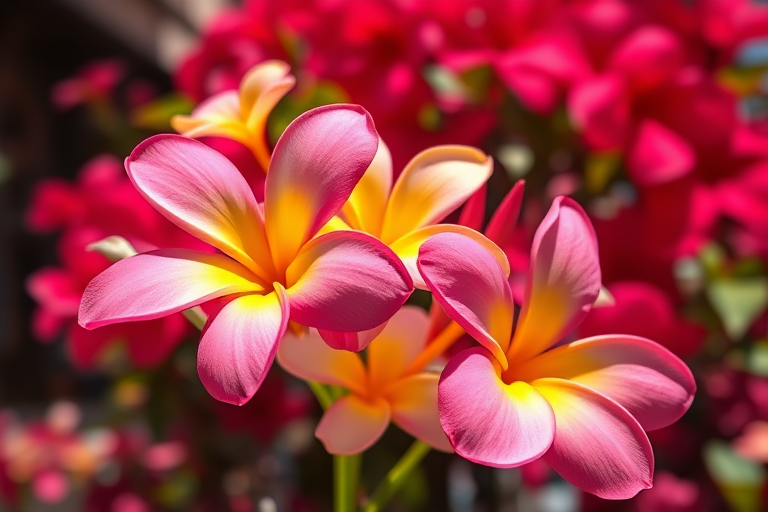Capture a vibrant close-up of pink and yellow frangipani flowers against a blurred background of red bougainvillea, using a DSLR camera with a 50mm lens, aperture f/2.8, ISO 100, and natural sunlight to enhance colors and details.