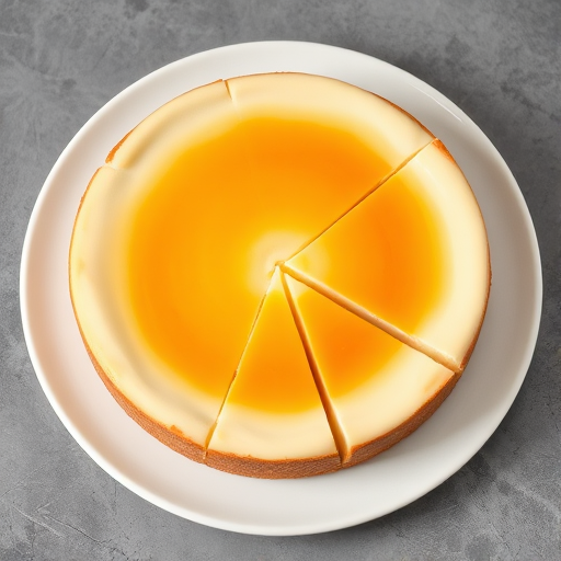 A circular cheesecake with a smooth cream filling and a golden brown graham cracker crust sliced into triangular pieces arranged on a white plate with a textured gray background.