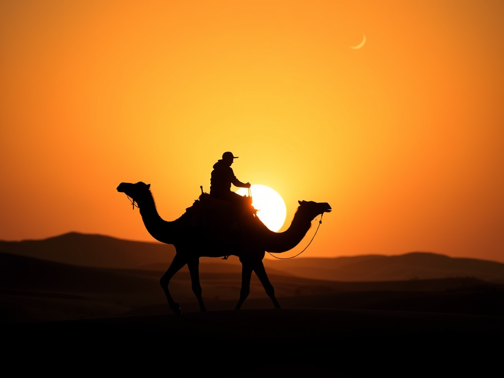 capture a silhouette of a lone camel and rider against a gradient sunset in a desert landscape with soft hills and a crescent moon, using a DSLR camera with a 50mm lens at f/2.8, ISO 100, and a shallow depth of field to enhance the warm color tones and soft focus in the background