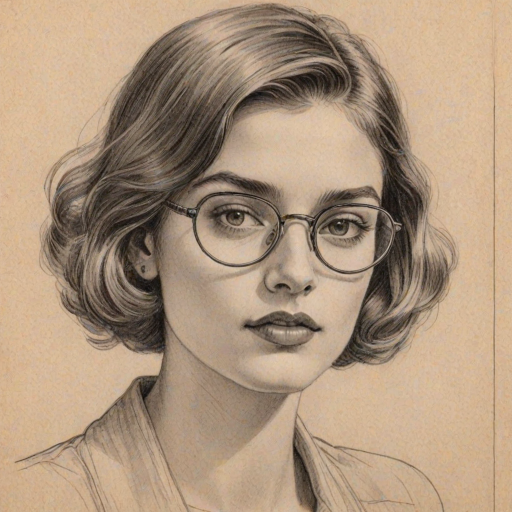 Ravishing Diana Silvers, pencil sketch, portrait of Captivating woman 1927s in glasses, hair style beatnik, outline, clear lines, fine lines, 8k