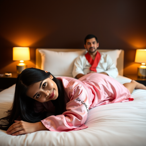 A man and a woman are lying on a bed in a dimly lit bedroom. The woman is in the foreground, lying on her stomach and looking directly at the viewer with a smile. She is wearing a pink silk robe and has long black hair. The man is sitting up in the background, looking directly at the viewer with a neutral expression. He is wearing a white silk robe with a red trim and has short black hair. The bed is white and has a white pillow at the head of the bed. There are two lamps on nightstands on either side of the bed, and the walls are a dark brown. The overall atmosphere is warm and inviting, with a soft focus on the subjects.