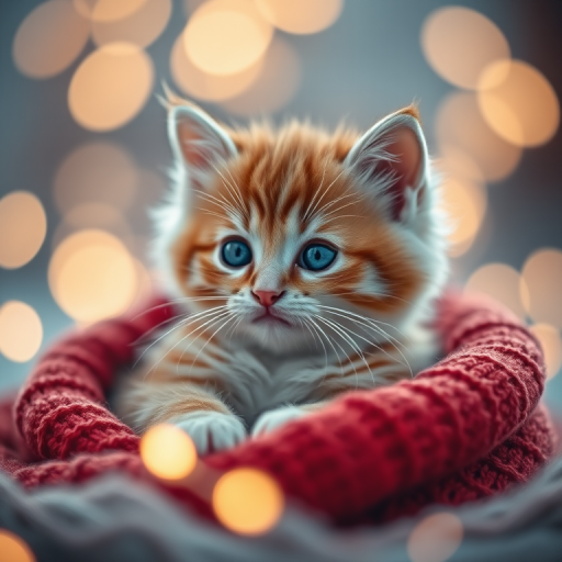 Create a high-resolution image of a fluffy orange and white kitten with blue eyes nestled in a cozy red sweater surrounded by soft, warm bokeh lights, captured with a Canon EOS R5, 85mm f/1.2 lens, at ISO 100, aperture f/1.8, and a shallow depth of field for a dreamy effect.