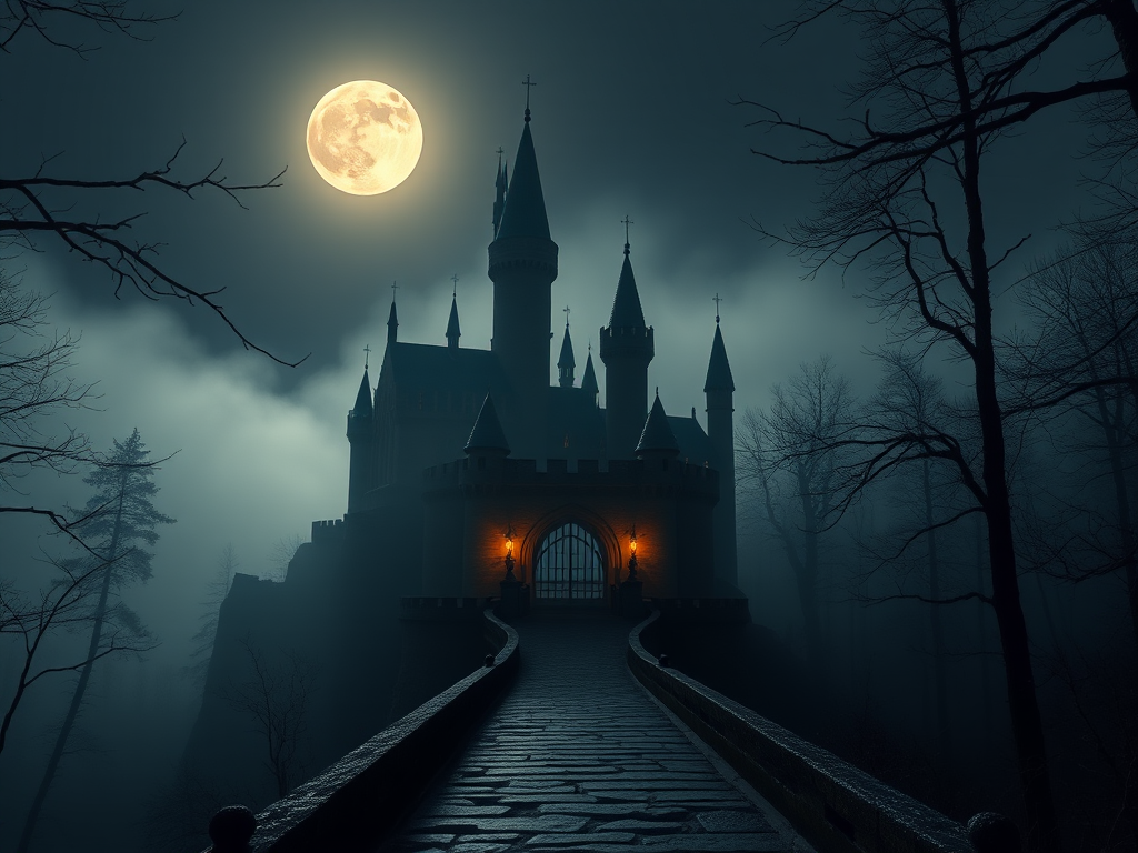 Create an atmospheric fantasy landscape featuring a silhouetted castle under a full moon, with a misty forest backdrop, a stone bridge leading to a glowing archway, captured with a DSLR camera at f/2.8, ISO 400, 24mm focal length, in a wide-angle shot, utilizing long exposure for added depth and detail.