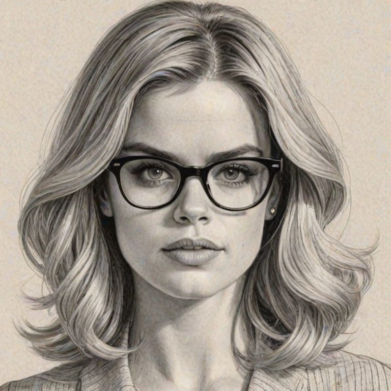 Sublime Alice Eve, pencil sketch, portrait of Appealing woman 1967s in glasses, hair style beatnik, outline, clear lines, fine lines, 8k