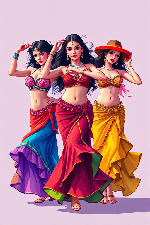 Generate a vibrant illustration of three belly dancers in colorful outfits, captured from a frontal view with a focus on dynamic movement, using a digital art style, high resolution, soft lighting, f-stop 2.8, ISO 100, shutter speed 1/250s.