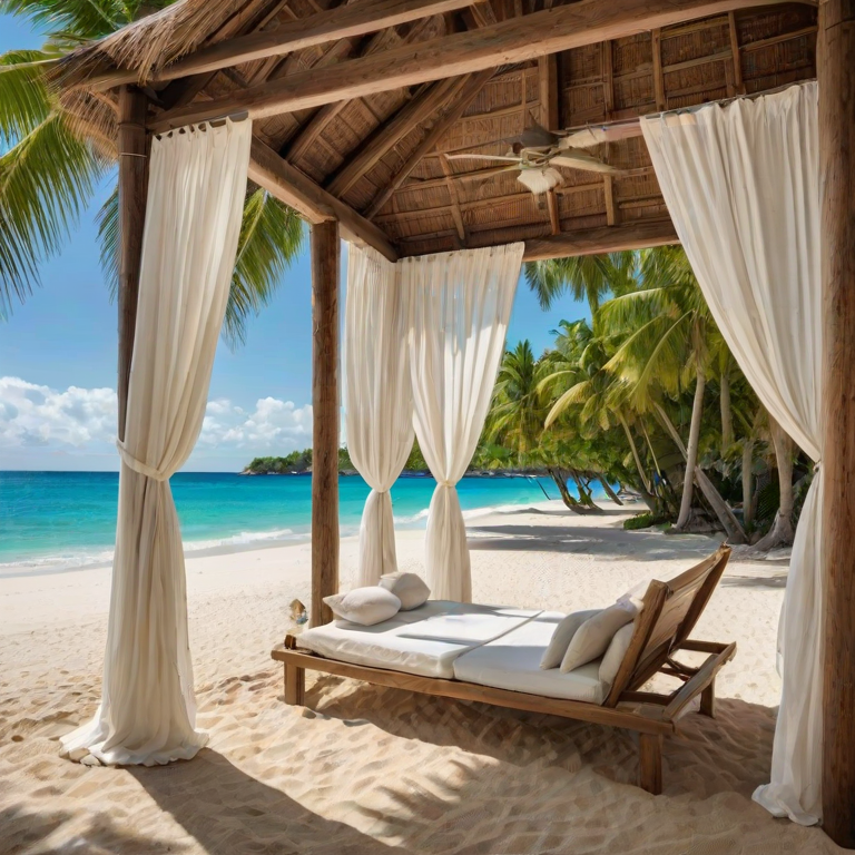 Create a picturesque tropical beach scene featuring a serene, white sandy shore. In the foreground, there's a rustic wooden canopy with white drapes gently flowing in the breeze. Underneath the canopy, a table is set with tropical decor, evoking a sense of relaxation and leisure. The beach extends into a calm, shallow water area with reflections of the sky and surroundings. Palm trees and lush greenery line the edge of the beach, providing a natural, tropical backdrop. The sky is clear with a few scattered clouds, and the overall atmosphere is tranquil and inviting, perfect for a peaceful retreat.