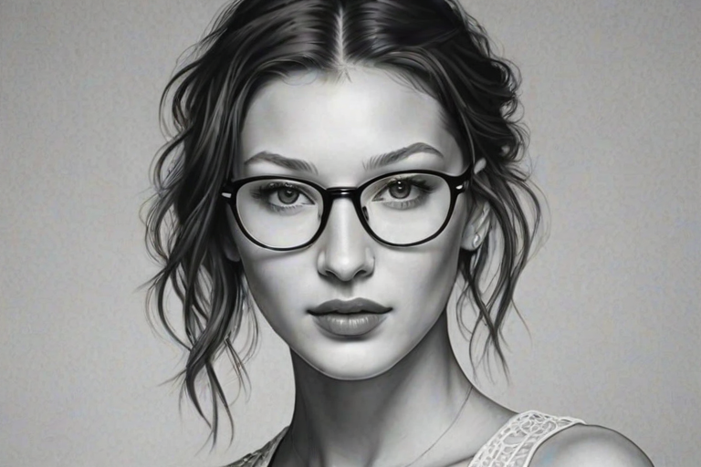 Exquisite Bella Hadid, pencil sketch, portrait of Wonderful woman 1926s in glasses, hair style beatnik, outline, clear lines, fine lines, 8k