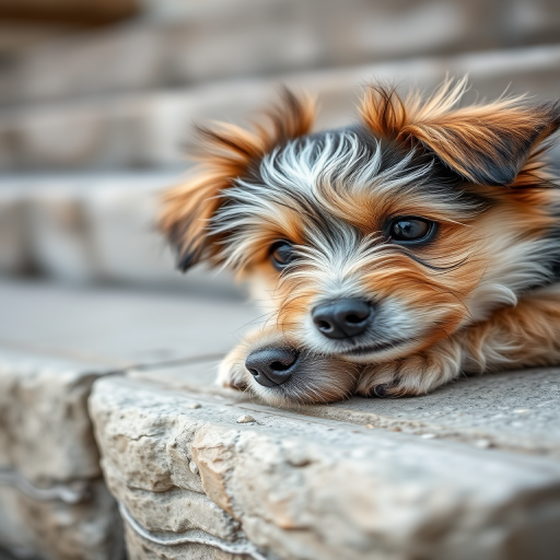 Capture a close-up of a small dog resting on stone steps, focusing on its fur texture and expressive eyes, using a DSLR camera with a 50mm lens, aperture f/2.8, ISO 200, soft natural lighting, and a shallow depth of field for enhanced detail and clarity.