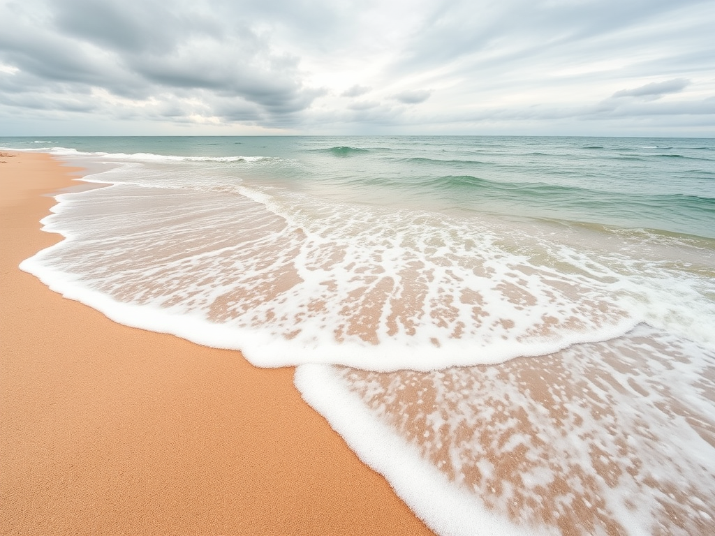 generate a serene beach scene with gentle waves lapping at the shore on a cloudy day, use a wide-angle lens at f/8, ISO 100, shutter speed 1/250s, capture in natural light with a DSLR camera for enhanced image quality