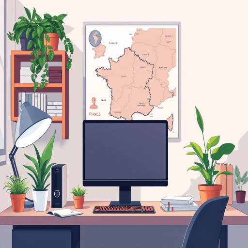 Create a digital illustration of a cozy workspace featuring a monitor, desk lamp, and a map of France on the wall, with indoor plants and bookshelves, using a high-resolution DSLR camera, f/2.8 aperture, 24mm lens, and a neutral lighting setup to enhance vibrant colors and details.