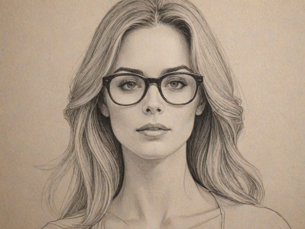 Captivating Christina Moore, pencil sketch, portrait of Alluring woman 1968s in glasses, hair style beatnik, outline, clear lines, fine lines, 8k