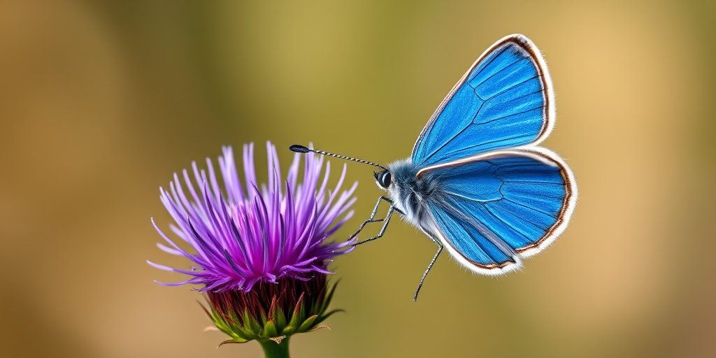 macro shot of a blue butterfly perched on a thistle plant with soft-focus background, 100mm lens, f/2.8 aperture, ISO 200, natural lighting, DSLR camera, vibrant colors and sharp details