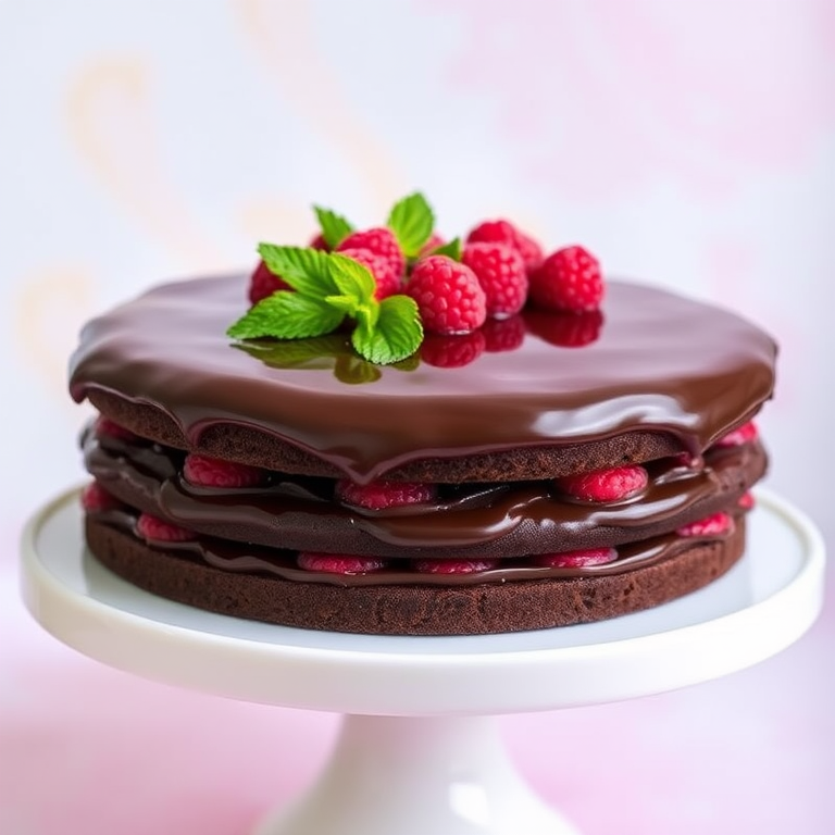 A rich chocolate cake with layers filled with raspberry jam and covered in glossy chocolate ganache garnished with fresh raspberries and mint leaves on top, displayed on a white cake stand against a soft pastel background.