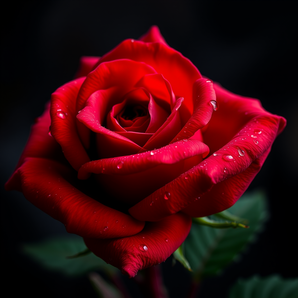 Create a digital artwork of a close-up shot of a vibrant red rose, with water droplets on its petals, set against a dark, blurred background.