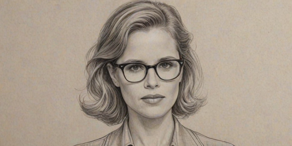 Charming Kim Dickens, pencil sketch, portrait of Charming woman 1939s in glasses, hair style beatnik, outline, clear lines, fine lines, 8k