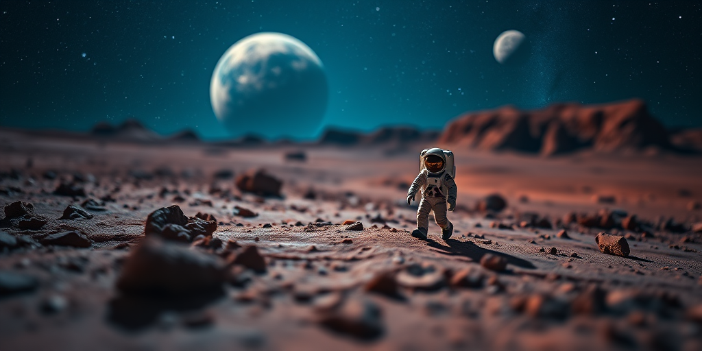 Astrophotography of a small astronaut figure walking on the surface of Mars with a detailed landscape, featuring the Earth and Moon in the background, shot with a Canon EOS R5, 24mm lens, f/2.8, ISO 100, 1/500 sec, low angle view, vibrant colors, high dynamic range, sharp focus.