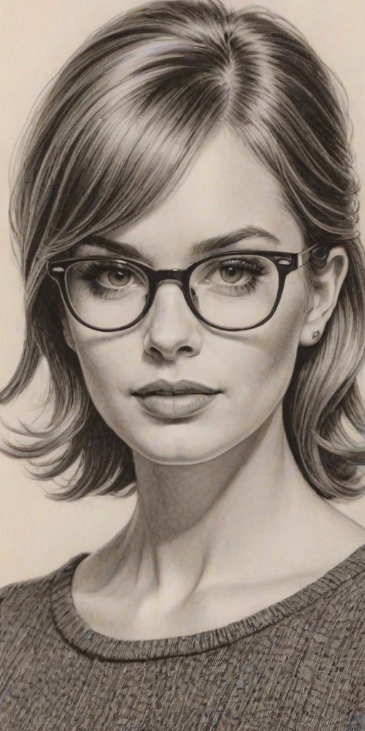 Charming Eden Brolin, pencil sketch, portrait of Fascinating woman 1961s in glasses, hair style beatnik, outline, clear lines, fine lines, 8k