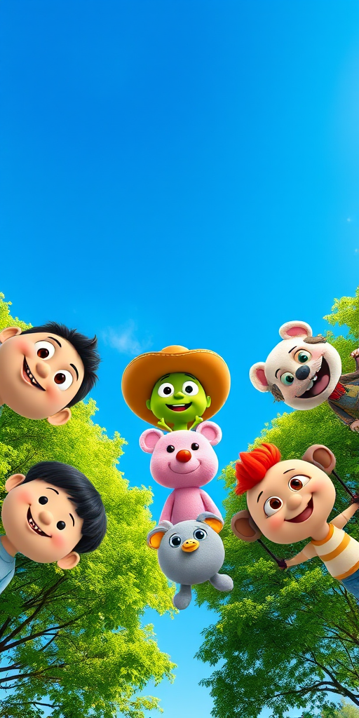 Create an image featuring a vibrant blue sky with lush green trees in the background. Include a group of playful cartoon characters looking down from the top of the image. The characters should have distinct features: one with a round face and a playful expression, another resembling a green alien with big eyes, a character with a cowboy hat and a friendly smile, a pink plush bear, a character with red hair and a wide-brimmed hat, and a small creature with a round body and a cheerful face. The overall mood should be fun and whimsical.