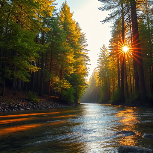 Create an image of a serene, sunlit forest scene with a clear, gently flowing river. Tall trees with lush green foliage line both sides of the river, their leaves bathed in the warm golden light of the setting or rising sun. The sunlight filters through the trees, casting soft, dappled light on the river, which flows over smooth rocks and pebbles, creating a peaceful, natural atmosphere. The sky is bright with a few scattered clouds, and the overall mood is tranquil, evoking a deep sense of connection with nature. The image captures the beauty of a calm, pristine forest landscape at either dawn or dusk.