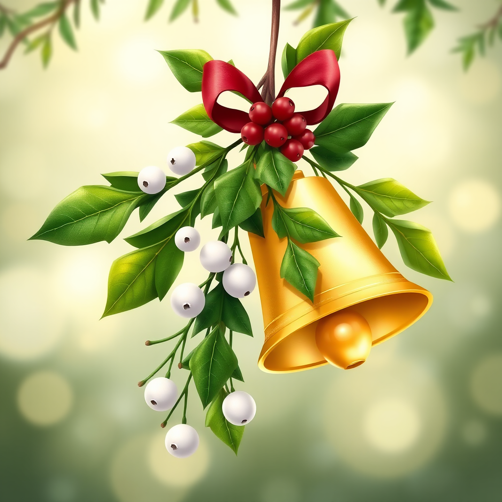 Create a high-resolution illustration of a golden bell draped with lush green mistletoe and white berries, soft bokeh background, using a DSLR camera with a 50mm lens, f/1.8 aperture, 1/250s shutter speed, and ISO 100 for enhanced clarity and depth.