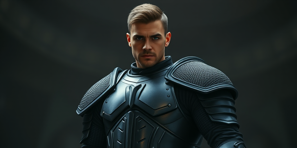 Generate a high-quality image of a character in dark armor with a textured shoulder piece, standing confidently; use a DSLR camera with a 50mm lens, aperture f/1.8, ISO 100, and a three-point lighting setup for dramatic effect, shot from a low angle to emphasize height.