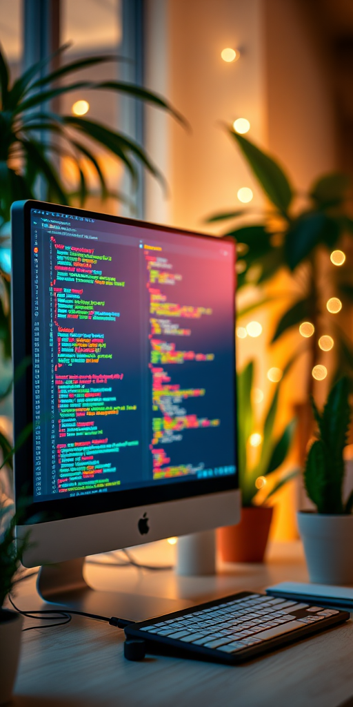 a modern workspace with a computer displaying colorful coding on the screen, surrounded by plants and soft glowing lights in the background, shot with a DSLR camera, 50mm lens, f/1.8 aperture, ISO 200, 1/60 sec shutter speed, vibrant colors and sharp focus on the monitor