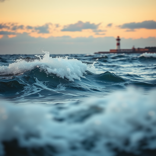 capture a dramatic seascape at dusk with turbulent waves and a distant lighthouse, soft focus, ISO 200, f/8, 1/125s, 35mm lens, DSLR camera, wide-angle view, golden hour lighting