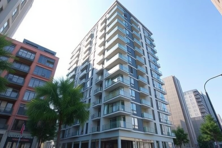Generate a high-quality 3D rendering of a modern apartment building in an urban setting, using a DSLR camera at f/8 aperture, ISO 100, 24mm lens, shooting from a low angle perspective to emphasize height and detail, with natural lighting for enhanced texture and depth.