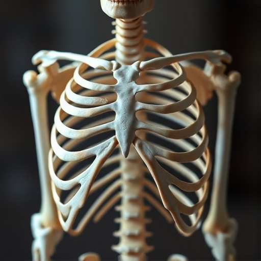 Create a high-resolution image of a human skeleton with a focus on the ribcage and sternum, using a DSLR camera with a 50mm lens, aperture set to f/1.8 for shallow depth of field, ISO 200, shot in soft natural light, and at eye level to enhance clarity and details.