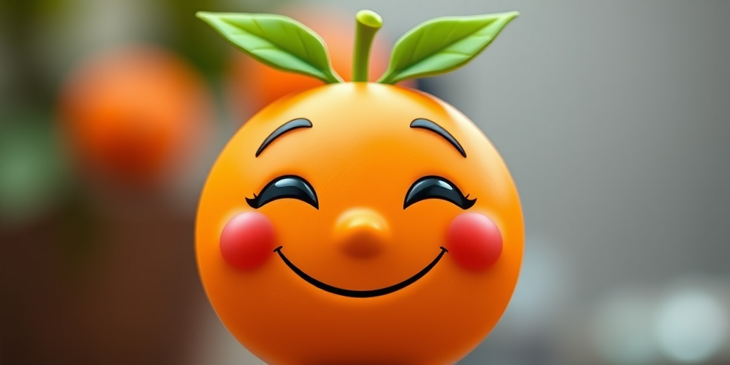 Generate a vibrant illustration of a smiling orange character with two green leaves on top, using a Canon EOS 5D Mark IV camera, 50mm lens, f/2.8 aperture, ISO 100, 1/200 sec shutter speed, front view, soft focus background for enhanced clarity and color.