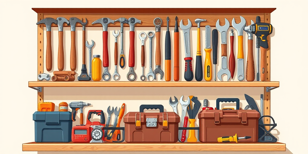 Create an illustration of a neatly organized tool storage shelf filled with various tools including hammers, wrenches, saws, screwdrivers, and a toolbox, in warm tones with a light background, viewed from a straight-on perspective, shot with a DSLR camera at f/8 aperture, ISO 100, and 50mm lens, using natural light to enhance shadows and details.